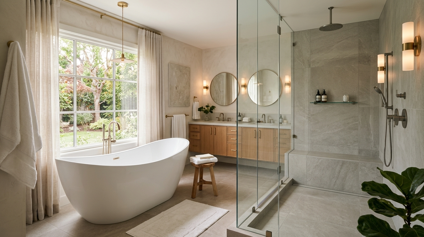 Renovated luxury master bathroom with freestanding soaking tub, walk-in shower, and heated tile floors