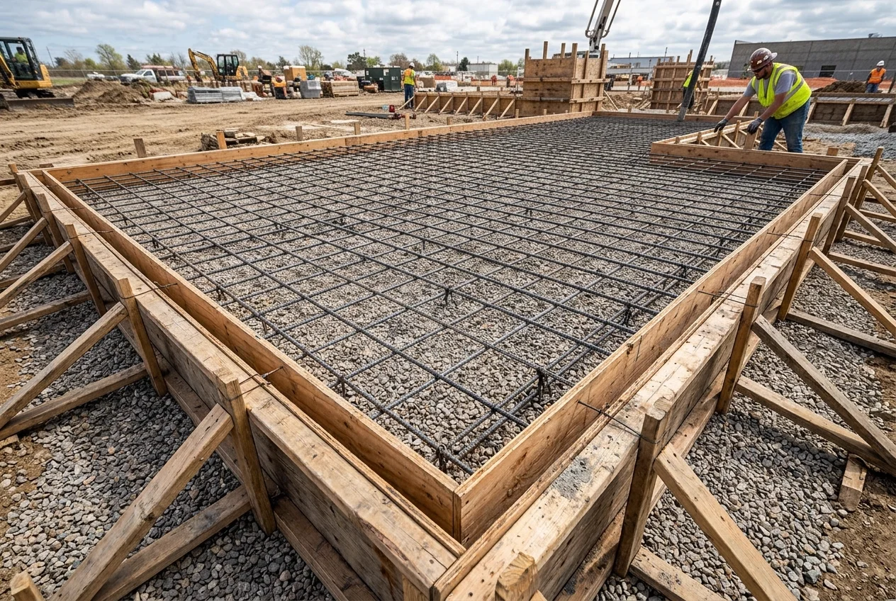 Wooden formwork containing compacted gravel base and steel rebar mesh ready for concrete pour