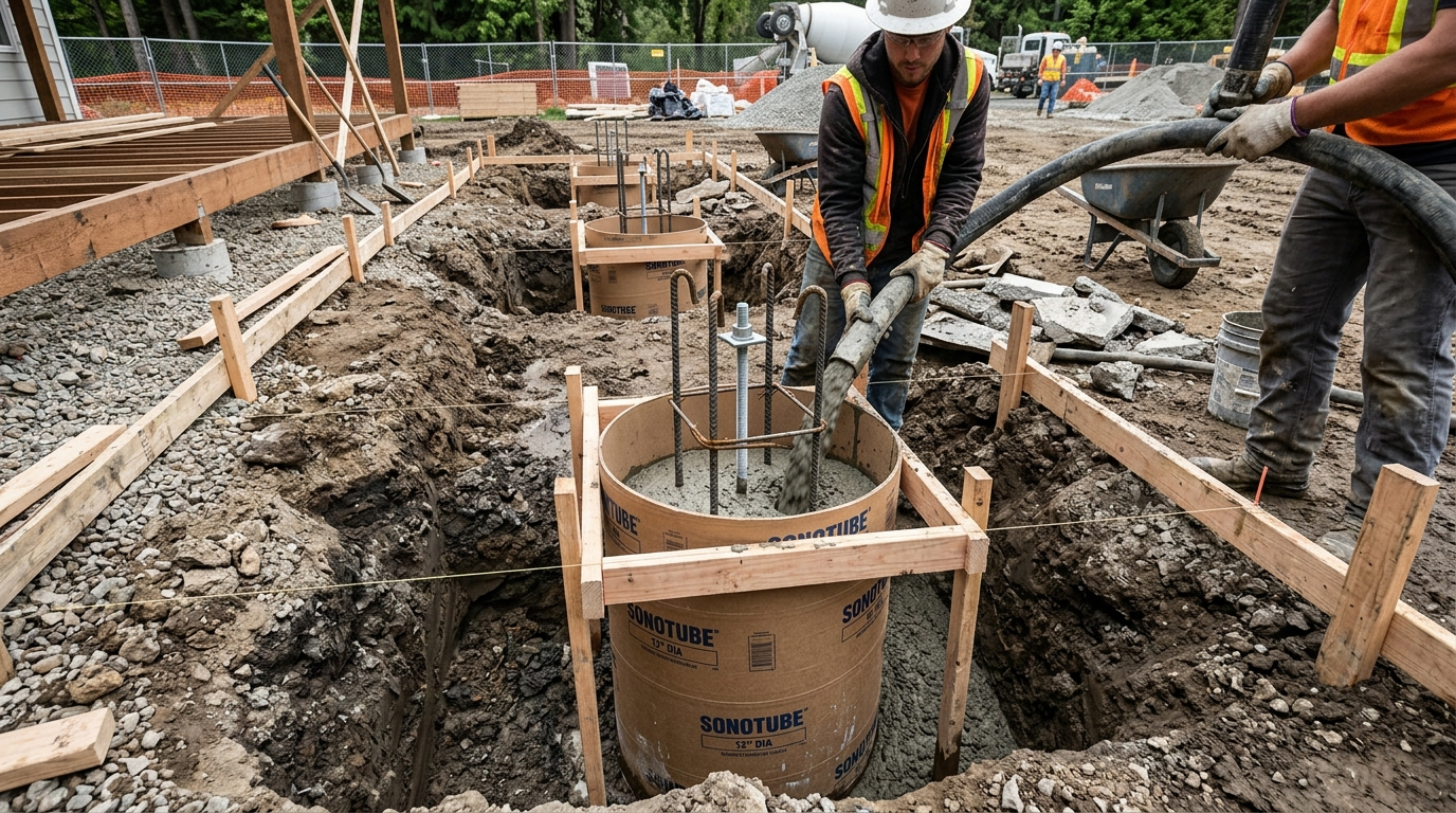 Deck footings being poured below frost line with tube forms and rebar prior to post installation