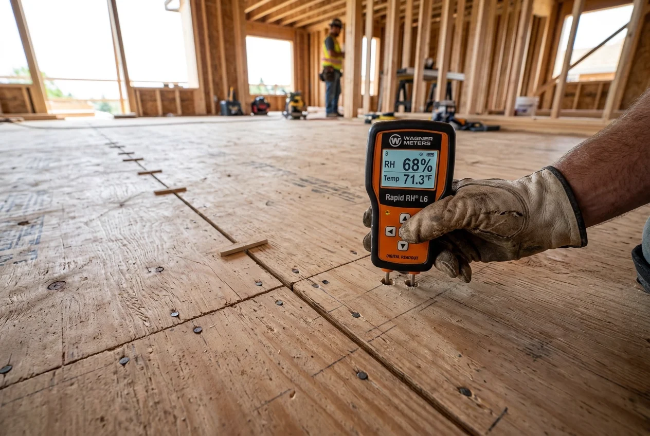 Plywood subfloor moisture testing using relative humidity meter