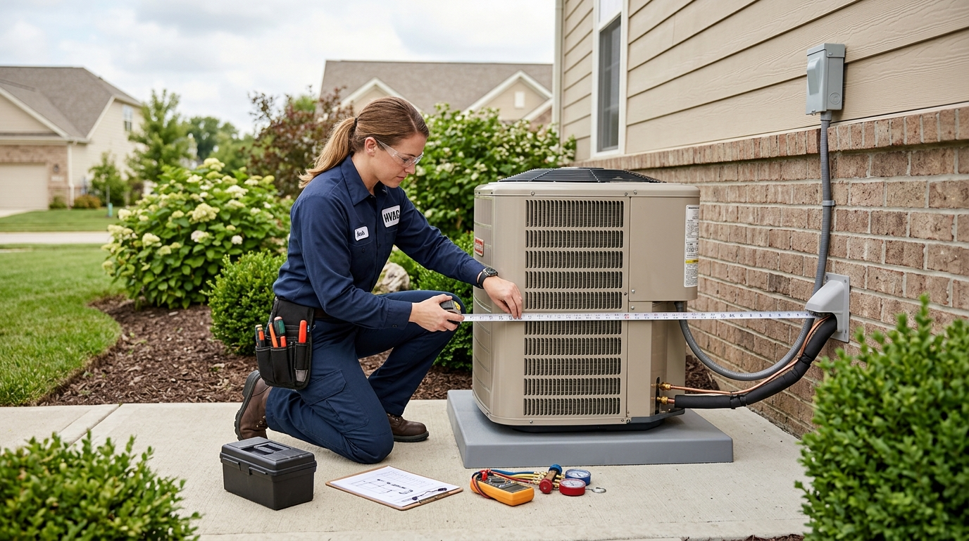 HVAC technician sizing a new system unit outdoors, checking clearance requirements