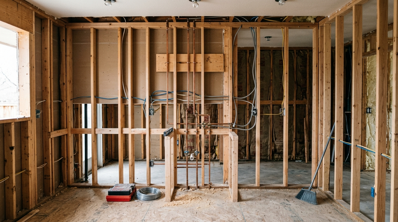 Kitchen under renovation showing plumbing rough-in and electrical panel work before cabinet installation