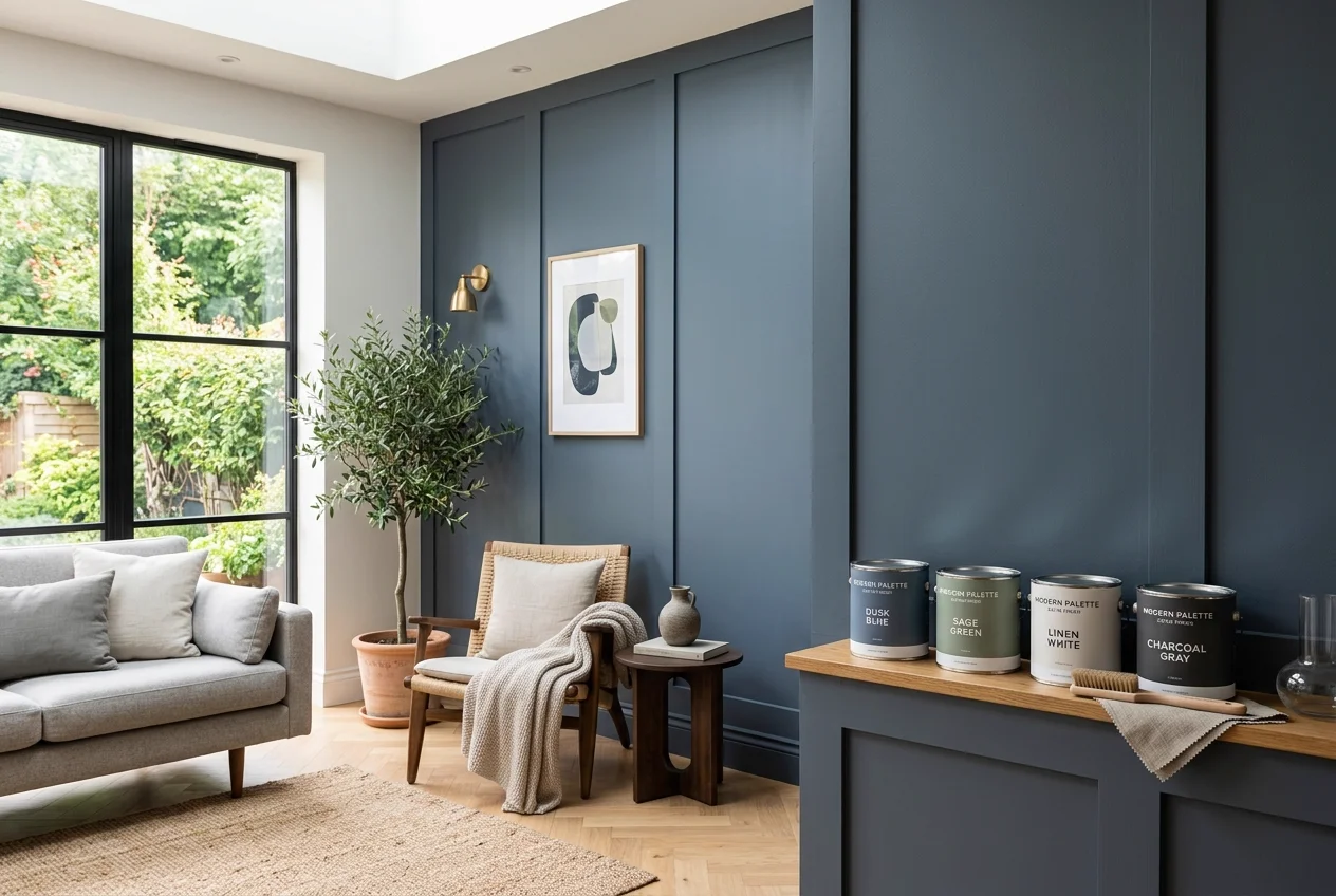 Interior room design showing painted walls with satin finish and paint cans