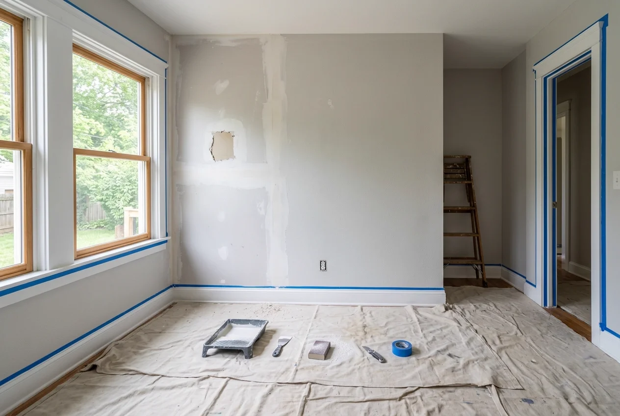 Room prepared for painting showing trim covered in painter tape and canvas drop cloths