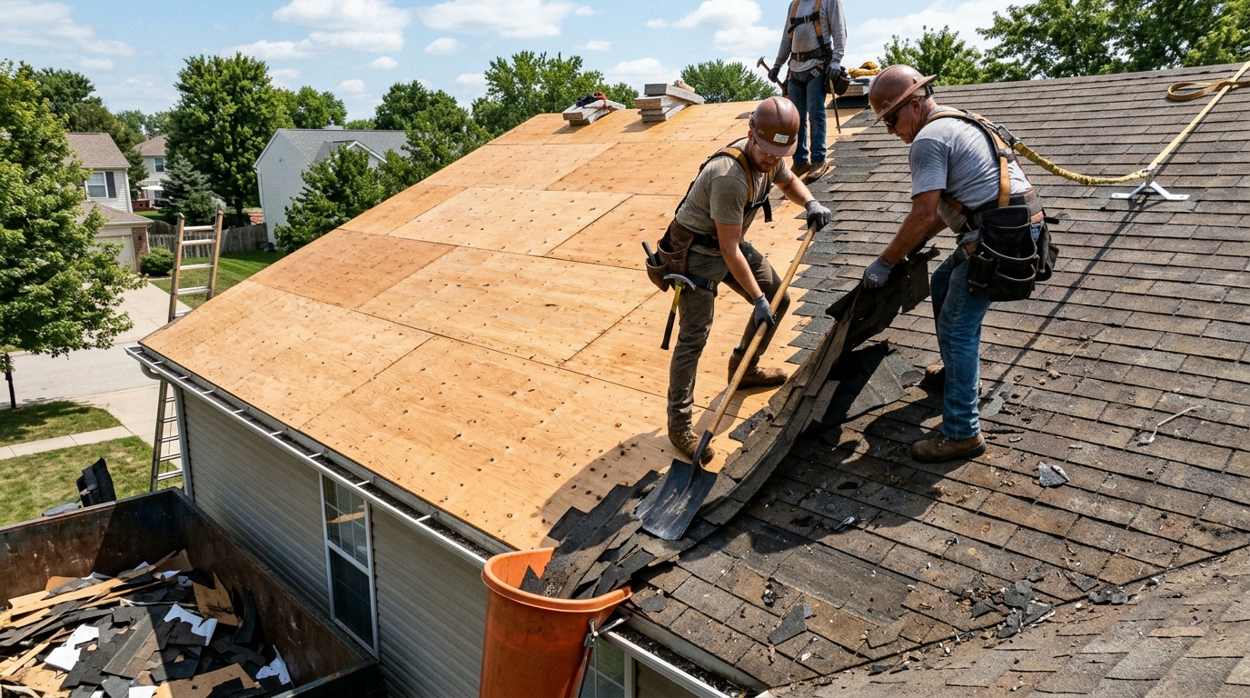 Roofers performing tear-off of old shingles exposing the roof decking for inspection