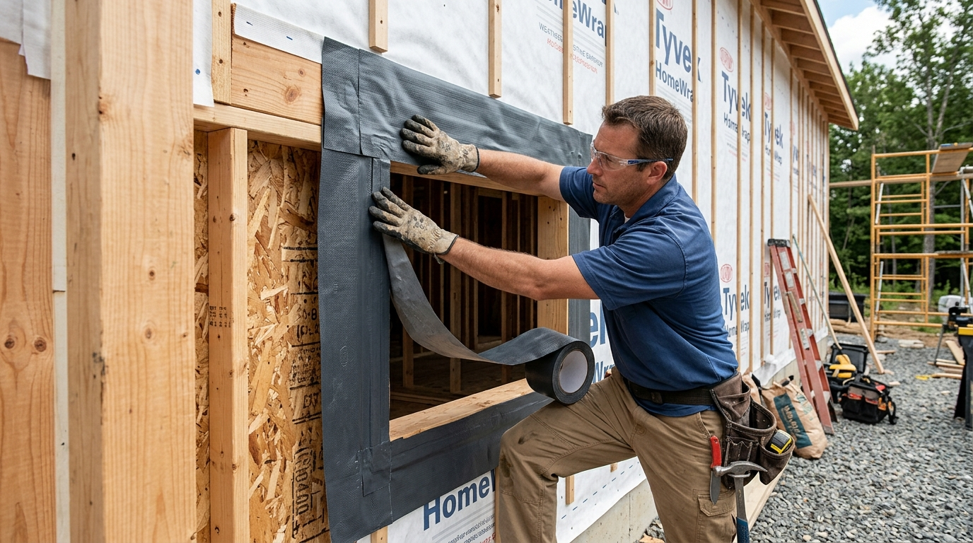 Window installer applying self-adhering flashing membrane around window rough opening before retrofit installation